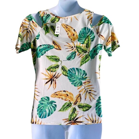 Cha Cha Vente Women's Tropical Leaf Print Cold Shoulder Top Large NEW NWT - Picture 6 of 10